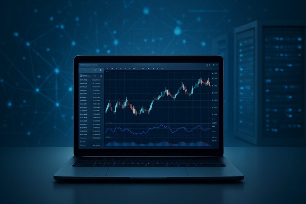 A laptop displaying a financial trading chart and metrics in a dark environment.