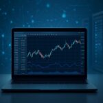 A laptop displaying a financial trading chart and metrics in a dark environment.