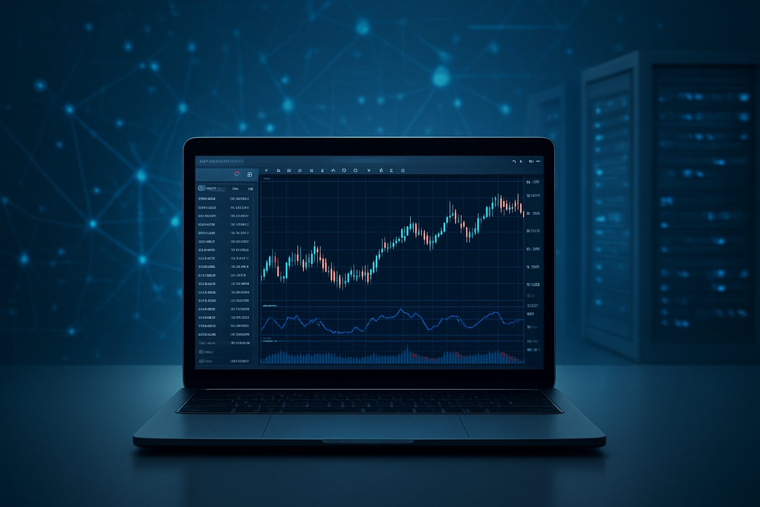 A laptop displaying a financial trading chart and metrics in a dark environment.