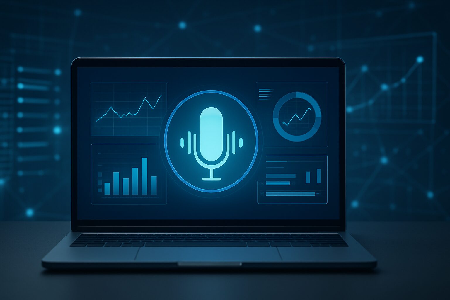 A laptop displaying a microphone icon surrounded by various data analytics graphs in a modern blue interface.